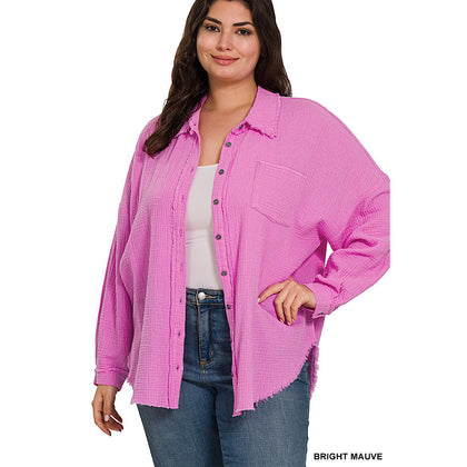 Bright Mauve Double Gauze Long Sleeve Button Front Plus Size Top
