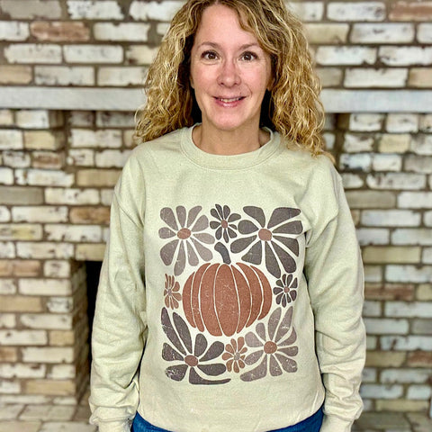 Fall Retro Pumpkin & Flowers Sublimated Gildan Relax Fit Sweatshirt