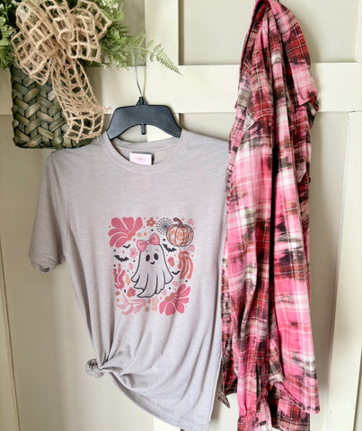 Pretty in Pink Ghost Boo Graphic T-Shirt and Bleached Dyed Flannel Set