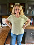 Celery Green Twist Ribbed Knit V-Neck Short Sleeve Top