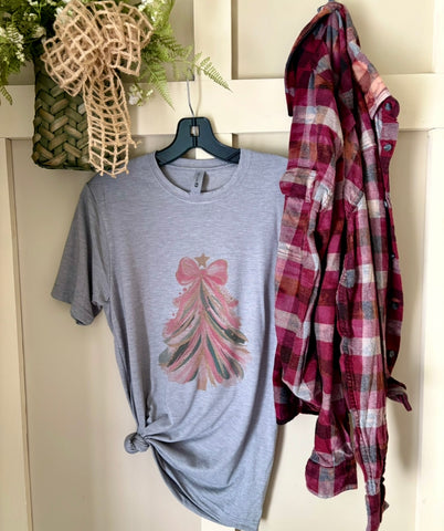 Pink Bow Christmas Tree Tee & Flannel Set