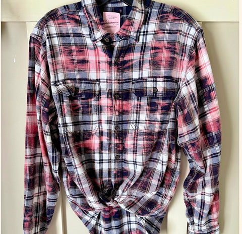 Hand Bleach Dyed White Blue Tan Flannel Relaxed Fit Soft & Warm