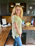 Celery Green Twist Ribbed Knit V-Neck Short Sleeve Top