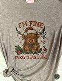 I'm Fine Christmas Highland Cow Graphic T-Shirt