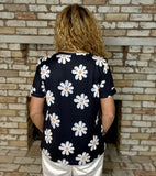 Black Daisy Print Rolled Sleeve Knit Top
