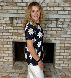 Black Daisy Print Rolled Sleeve Knit Top