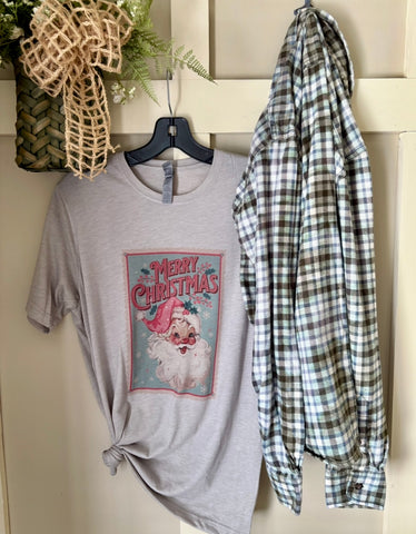 Vintage Santa Christmas Stamp Tee & Flannel Set