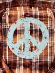 Peace Sign Hand Bleach Dyed Burgundy Flannel Relaxed Fit Soft & Warm