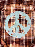 Peace Sign Hand Bleach Dyed Burgundy Flannel Relaxed Fit Soft & Warm