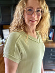 Celery Green Twist Ribbed Knit V-Neck Short Sleeve Top