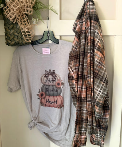 Grateful Thankful Blessed Pumpkin Stack Print Tee & Flannel Set