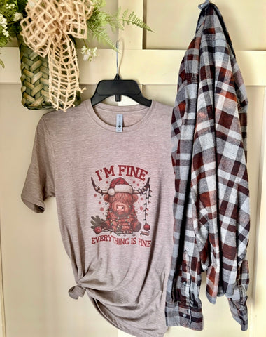 Christmas Highland Cow I'm Fine Tee & Flannel Set