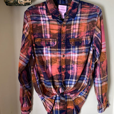 Hand Bleach Dyed Blue & Brown Flannel Relaxed Fit Soft & Warm