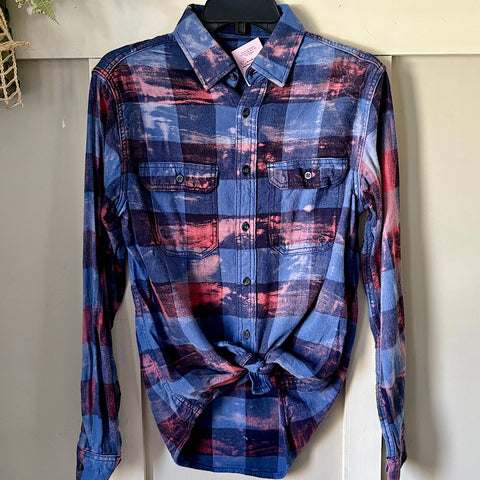 Hand Bleach Dyed Blue & Pink Flannel Relaxed Fit Soft & Warm