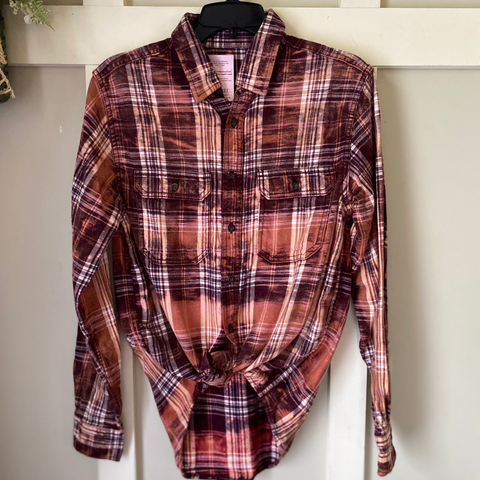 Hand Bleach Dyed Burgundy & Coral Flannel Relaxed Fit Soft & Warm