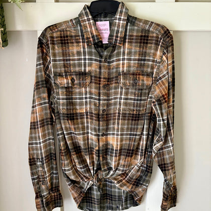 Hand Bleach Dyed Olive Green & Rust Flannel Relaxed Fit Soft & Warm
