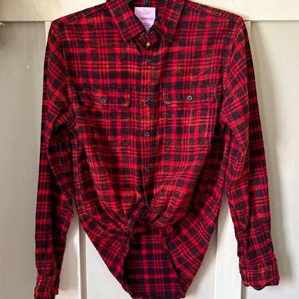 Hand Bleach Dyed Red & Black Plaid Flannel Relaxed Fit Soft & Warm