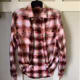 Hand Bleach Dyed Red & Tan Plaid Flannel Relaxed Fit Soft & Warm