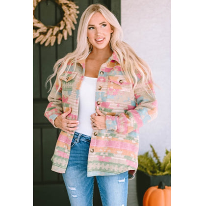 Multicolor Western Aztec Button Flap Pocket Shacket