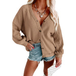 Tan V-Neck Button Front Waffle Knit Cardigan Top