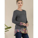 Charcoal Long Sleeve Top with Floral Hem Plus Size Top