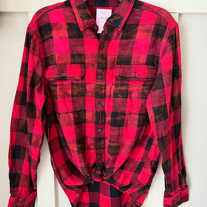 Hand Bleach Dyed Red Black Flannel Relaxed Fit Soft & Warm