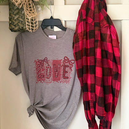 Valentine Love Bows Graphic T-Shirt & Bleach Dyed Flannel Set