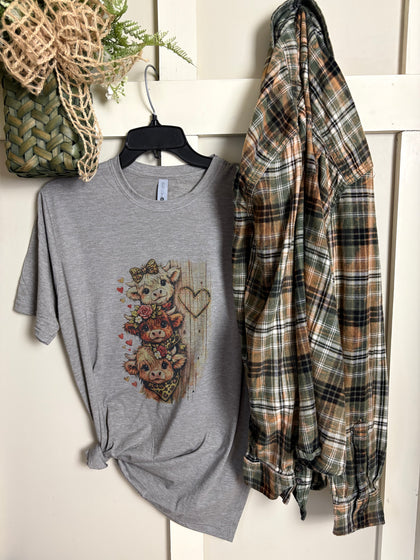 Highland Cow Graphic T-Shirt & Bleach Dyed Flannel Set