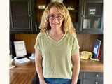 Celery Green Twist Ribbed Knit V-Neck Short Sleeve Top