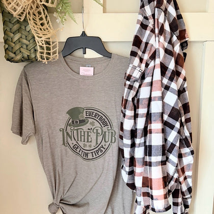 St Patrick Everybody Pub Tipsy Graphic T-Shirt & Bleach Dyed Flannel Set