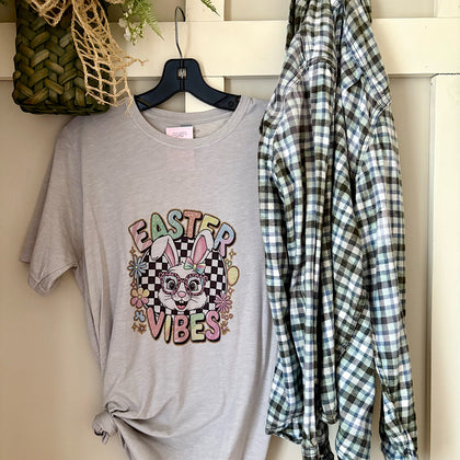 Happy Easter Checker  Graphic T-Shirt & Bleach Dyed Flannel Set