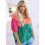 Multi Color Block Crinkle Bubble Sleeve Top