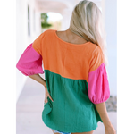 Multi Color Block Crinkle Bubble Sleeve Top