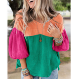 Multi Color Block Crinkle Bubble Sleeve Top