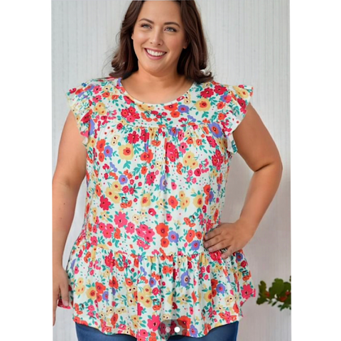 Multi Color Floral Ruffle Sleeve Plus Size Top