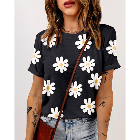 Black White Daisy Crew Neck Knit Top