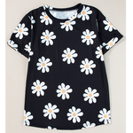 Black White Daisy Crew Neck Knit Top