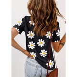 Black White Daisy Crew Neck Knit Top