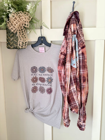 Peace & Kindness Graphic T-Shirt and Bleached Dyed Flannel Set