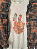 Patchwork Turkey Peace  Graphic T-Shirt and Bleached Dyed Flannel Set