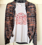 Retro Fall Smile Peace Graphic T-Shirt and Bleached Dyed Flannel Set
