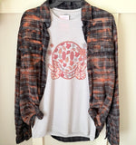 Retro Fall Smile Peace Graphic T-Shirt and Bleached Dyed Flannel Set