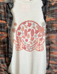 Retro Fall Smile Peace Graphic T-Shirt and Bleached Dyed Flannel Set
