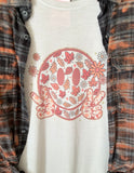 Retro Fall Smile Peace Graphic T-Shirt and Bleached Dyed Flannel Set