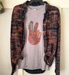 Patchwork Turkey Peace  Graphic T-Shirt and Bleached Dyed Flannel Set