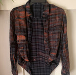 Peace Sign Hand Bleach Dyed Black/Rust Flannel Relaxed Fit Soft & Warm