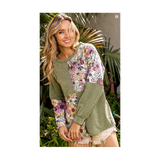 Sage Green Floral Ribbed Knit Block Pattern Top