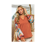 Rust Aztec Print Sleeve V-Neck Long Sleeve Top