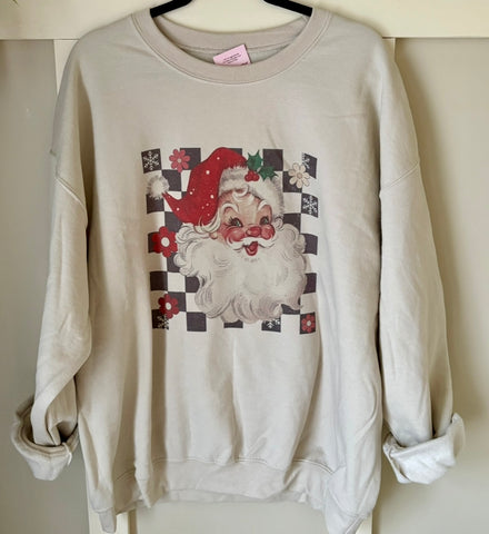 Checkered Retro Santa Christmas Sublimated Gildan Relax Fit Sweatshirt