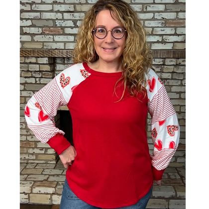 Valentine Red Hearts & Stripes Long Sleeve Waffle Knit Relax Fit Top